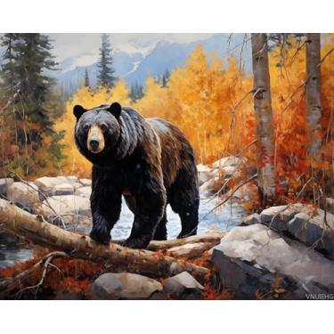Imagem de VNUIEHG Pintura por números para adultos, urso marrom animal, paisagem de floresta de outono, pintura por números em tela, arte de desenho de pintura DIY para presente iniciante, 40 x 50 cm, sem