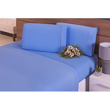 Imagem de Jogo Lençol 3 Peças Cama Casal 188x138x30 100% Algodão 180 Fios Ponto Palito (Azul)
