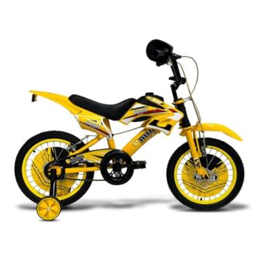 Imagem de Bicicleta Infantil Aro 16 com Rodas Laterais, Design Moto Cross, Amarela, Freio V-Brake e Disco, Alumínio, para Crianças 5-8 Anos, 85x17x117cm, 30kg Capacidade