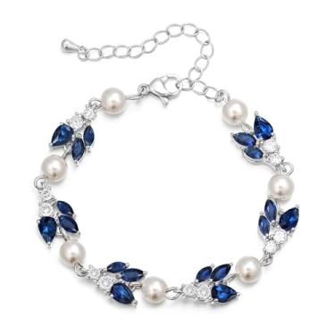 Imagem de Crysdue Pulseira de strass de filigrana de pérola sintética de zircônia cúbica para noivas, madrinha, aniversário, mães, Natal, Dia dos Namorados, presentes para mulheres, Tennis Bracelet, Latão