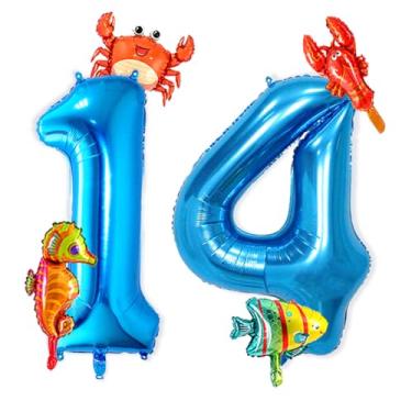 Imagem de Wuhetyo Balão azul número 14 de 101 cm, balão de alumínio animal oceânico, 5 mini balões de animais marinhos fofos sob os balões de peixe voador para meninos meninas, tema do mar, aniversário
