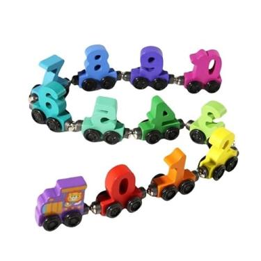 Imagem de Trem Educativo de Madeira com Números Magnéticos, 12 Vagões Coloridos, Brinquedo Didático para Crianças, Aprendizagem de Matemática
