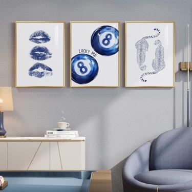 Imagem de Arte de parede estética azul emoldurada para decoração de quarto, 3 peças pop lip 8 bolas guepardo azul arte para paredes, impressões modernas em tela para quarto, sala de estar, corredor, decoração