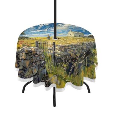 Imagem de Blueangle Toalha de mesa redonda camponesa impermeável de 152 cm com orifício para guarda-chuva - Tecido resistente à prova de sol para todos os climas para pátio, acampamento, piquenique(579)