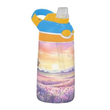 Imagem de Blueangle Garrafa de água de 473 ml Pôr do sol em um campo roxo, garrafa de água reutilizável Tritan Sports & Travel com canudo e design de tampa de bico pop-up (854)