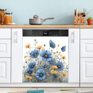 Imagem de ATTX Blue Wildflowers Capa magnética para lava-louças, 58,4 cm C x 66 cm A, decoração da capa da máquina de lavar louça, decalques para armários domésticos e eletrodomésticos #147