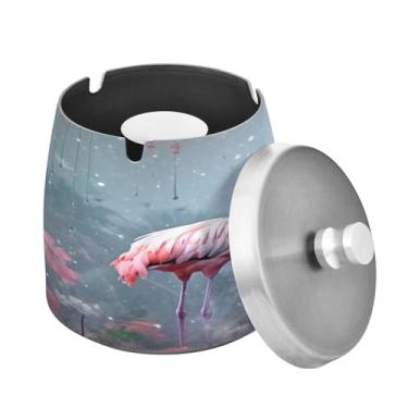 Imagem de Blueangle Cinzeiro de flamingos rosa com tampa para cigarros, à prova de vento/chuva, aço inoxidável, sem fumaça, inodoro, cinzeiro para uso interno ou externo (491)