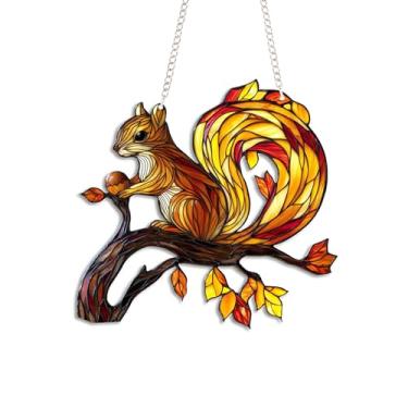 Imagem de Bob22store Suncatcher estilo vitral esquilo - pendurar janela acrílica de 15 cm - Apanhador de luz colorido da floresta de outono com esquilo na árvore - Presente de decoração de animais planos 2D
