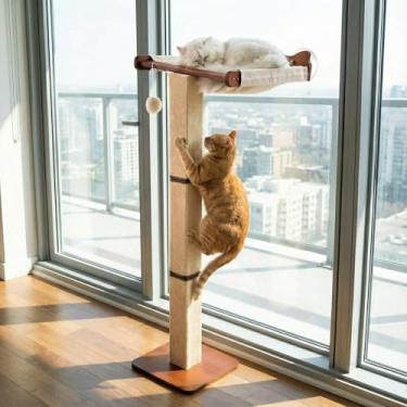 Imagem de Sintuff Poleiro de janela para gatos com rede para arranhar e subir com ventosas, 116 cm de altura, ajustável e estreito, mastro de escalada para gatos para brincar de observar pássaros dormindo