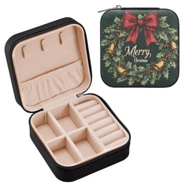 Imagem de Wassud Guirlanda de Natal com folhas de azevinho, estojo de joias de viagem para mulheres, meninas, senhoras, noiva, mini organizador de joias de couro PU, caixa quadrada de armazenamento de joias