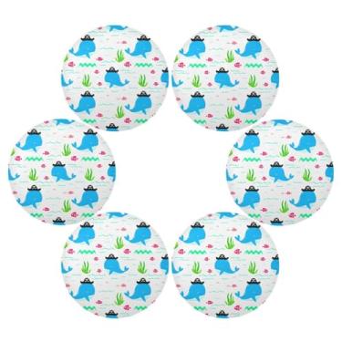 Imagem de Wassud Jogo americano conjunto de 6 baleias com chapéus, tapetes de mesa redondos para cozinha e jantar, tapetes laváveis resistentes ao calor, decoração de mesa 39 cm
