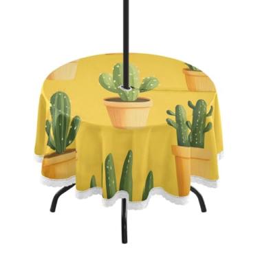Imagem de CEBUGI Toalha de mesa redonda para ambientes externos, cacto, impermeável, com furo Umberlla, capa de mesa lavável para pátio, cozinha, sala de jantar, 152 cm