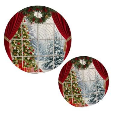 Imagem de Wassud Conjunto de trivet de árvores de Natal com neve para pratos quentes, suportes redondos de algodão, almofadas quentes, porta-copos elegantes, decoração de cozinha e acessórios, 2 peças