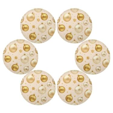 Imagem de Wassud Jogo americano conjunto de 6 bolas douradas de Natal tapetes de mesa redondos para cozinha e jantar tapetes laváveis resistentes ao calor decoração de mesa 39 cm
