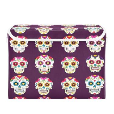 Imagem de CEBUGI Caixotes de armazenamento com tampas, caixa de armazenamento de tecido dobrável, caveiras de açúcar coloridas, caixas organizadoras para armário de casa, prateleiras de quarto, 40 x 30 x 38 cm