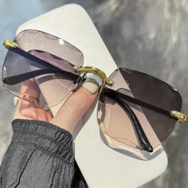 Imagem de Óculos de sol com proteção UV400 | Lentes gradientes sem aro | para mulheres, homens, esportes ao ar livre e dirigir, Parte superior cinza A46, fundo de chá