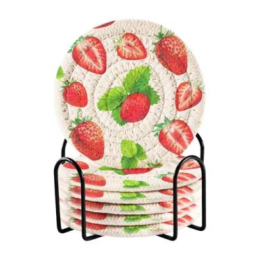Imagem de SEHANY Conjunto de 6 porta-copos fofos de morango com suporte, porta-copos redondos absorventes de algodão resistente ao calor para mesa de jantar, canecas de café, proteção de copos, 10 cm