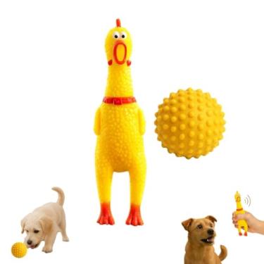 Imagem de Kit 2 Brinquedo Cachorro Bola Cravo Massageadora Galinha Borracha Apito Pet Cães Pequeno Médio Porte Resistente Seguro Divertido Interativo (Amarelo)