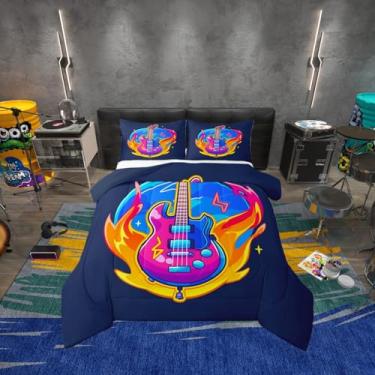 Imagem de Erosebridal Jogo de cama solteiro com estampa de guitarra neon flame, rock, desenho animado, guitarra, para quarto de crianças e adultos, edredom azul escuro