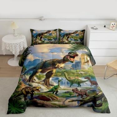 Imagem de jejeloiu Conjunto de edredom infantil de dinossauro, solteiro, selva, dinossauro, animal selvagem, para quarto de crianças, meninos e meninas, decoração de folhas tropicais, verde, marrom, microfibra