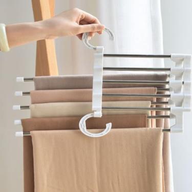 Imagem de Kit Cabide Multifuncional para Calças em Inox com 5 Divisórias Branco – Organizador de Guarda-Roupa Economiza Espaço(2 Unidades)