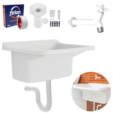 Imagem de Tanque Plástico 40L Para Lavanderia Branco + Sifão Universal Sanfonado + Veda Rosca + Torneira Branca