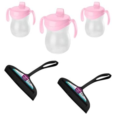 Imagem de Conjunto de 2 Rodo Plástico Multiuso Preto com Raspador 18cm + 3 Copo Infantil 310ML Atóxico Rosa