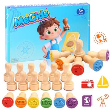 Imagem de MeCids Carimbos de viagem de madeira para crianças, 24 peças de carimbos de viagem, presente de aniversário, lembrancinhas de festa de sala de aula, projetos de arte, prêmios de carnaval para meninos