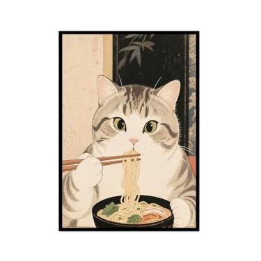 Imagem de Arte de parede em tela de gato preto engraçado vintage japonês gato comendo ramen imagem exclusiva para amantes de gatos para decoração de parede de cozinha e sala de jantar (SKU5,20,3x30,5 cm = (20 x