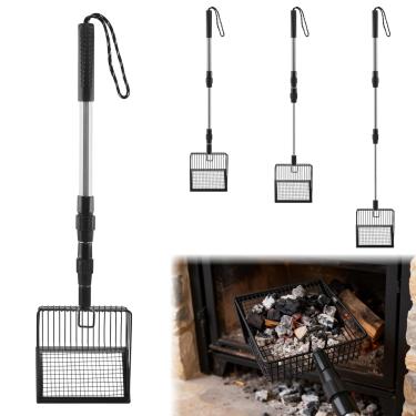 Imagem de Peneira de cinzas de lareira de cabo longo, pá de carvão de metal oca com alça ajustável de 3 seções, pá de carvão resistente ao calor para fogão a lenha, lareira, fogueira e churrasqueira