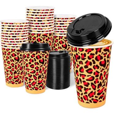 Imagem de Whaline 50 peças de copos de papel com estampa de leopardo, copos de café descartáveis com tampas, 473 ml, marrom, vermelho, safári, animal, guepardo, festa, copo para bebidas quentes e frias, bebidas