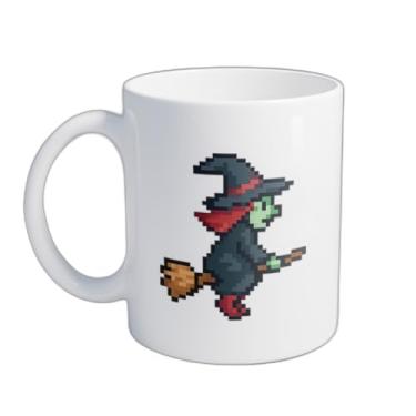 Imagem de Caneca Xícara de Café Porcelana 300ml Com Desenho Bruxa Pixelada Vassoura