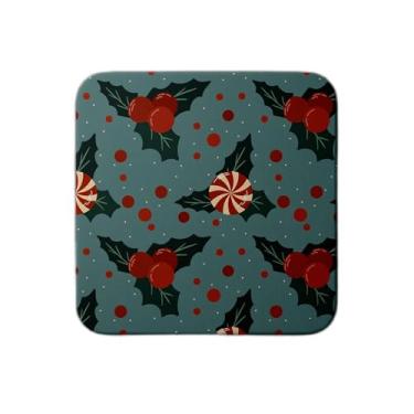 Imagem de Ladrilho Decorativo de Cerâmica Natalino com Estampa de Doces e Azevinho Azul