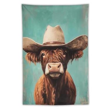 Imagem de Tapeçaria de parede de vaca Highland em chapéu de cowboy decoração rústica ocidental fundo azul-petróleo arte animal de fazenda para sala de estar quarto aconchegante estilo country decoração