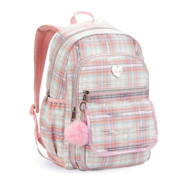 Imagem de Mochila Escolar Rosa Juvenil Volta as Aulas Pompom Bolsos Alça Colorido Bolsos Laterais Frontais