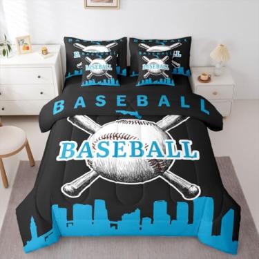 Imagem de Erosebridal Conjunto de edredom de beisebol com lençol de softball, solteiro, 7 peças, para decoração de quarto de crianças, meninos, adolescentes, beisebol, cidade, (Miami), preto e azul