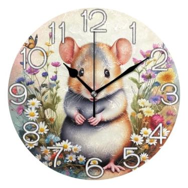 Imagem de GAIGEO Relógio de parede analógico decorativo divertido alimentado por bateria relógio de cozinha rústico, decoração de parede vintage, sala de estar, hamster fofo em aquarela, colorido, 25 cm