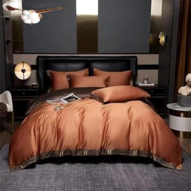 Imagem de Jogo de cama de algodão com capa de edredom, lençol e fronhas, tamanho king size (160x200cm), cor laranja, 4 peças.