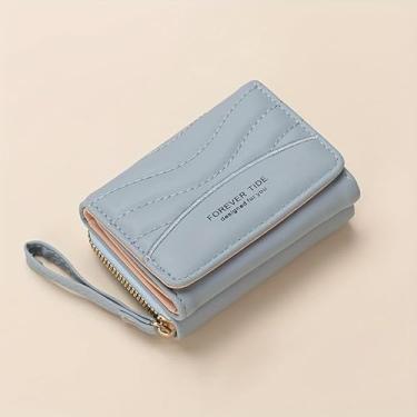 Imagem de Carteira feminina de poliuretano, porta-cartões com zíper em três dobras, carteira pequena bordada, porta-cartões de crédito, bolsas fofas com zíper, carteira curta fina para mulheres e meninas, Azul