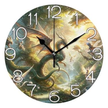 Imagem de Relógio de parede analógico decorativo operado por bateria silencioso para quarto e cozinha, decoração de parede de sala de estar moderna, fada dragão verde floresta, 25 cm, ponteiros pretos