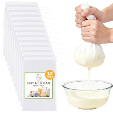 Imagem de Pacote com 12 sacos de leite de nozes, panos de queijo de nylon fino de 200 malhas, gaze para coar café, iogurte, sopa, purês e suco, coador de pano, saco de preparação, fácil de limpar, saco de