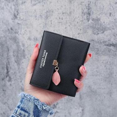 Imagem de Carteira feminina de couro genuíno com dobra dupla/tripla - Suporte minimalista para cartão de crédito com bloqueio de RFID e bolso para moedas, Preto, Casual