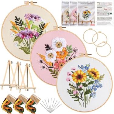 Imagem de Qupace 3 kits de bordado para iniciantes e adultos – Conjunto de artesanato de costura de ponto cruz com 3 argolas de bordado e 3 suportes acabados, kit de bordado com padrão floral (rosa)