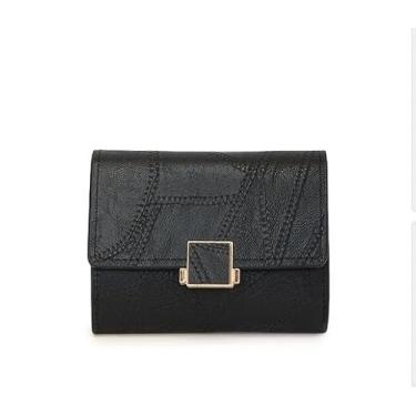 Imagem de Carteira feminina de couro genuíno com dobra dupla/tripla - Suporte minimalista para cartão de crédito com bloqueio de RFID e bolso para moedas, Preto, Casual