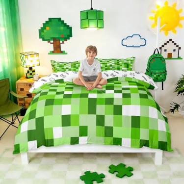 Imagem de Castle Fairy Jogo de cama Pixel Style Games, tamanho casal, conjunto de capa de edredom com tema mineiro, 3 peças para decoração de quarto de crianças, meninas, meninos, adultos, bloco verde claro