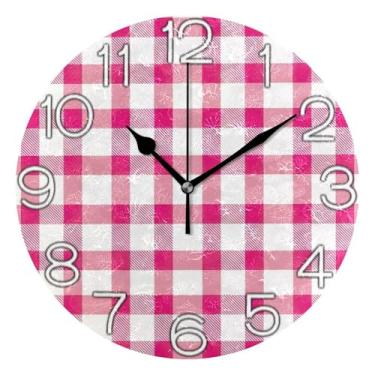 Imagem de GAIGEO Relógio de parede decorativo analógico operado por bateria relógio de cozinha fofo, decoração de parede moderna casa de fazenda rosa xadrez fofo, 25 cm, ponteiros pretos