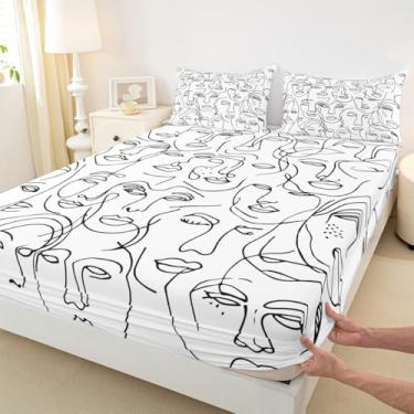 Imagem de Jogo de lençol Queen de arte abstrata, estampa de rosto humano, 3 peças, decoração de quarto de meninas e meninos, preto e branco, lençol com elástico alto, estética contemporânea, 2 fronhas