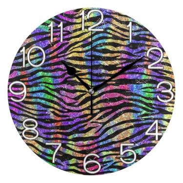 Imagem de Relógio de parede analógico decorativo quarto cozinha relógio funky alimentado por bateria, arte de decoração moderna de meados do século, impressão de zebra arco-íris, 25 cm, ponteiros pretos