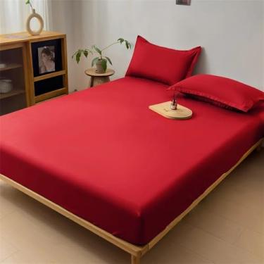 Imagem de Capa de colchão impermeável, lençol de baixo com elástico, protetor de colchão, tamanho casal, cinza/branco, vermelho escuro, 2 peças, fronha 48x74cm