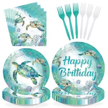 Imagem de 96Pcs Sea Turtle Birthday Party Decorations Coastal Green Turtle Sea Starfish Seashell Coral plates and Napkins Tableware Sets Ocean Party Decorations for Under the Sea Beach Turtles Themed Supplies